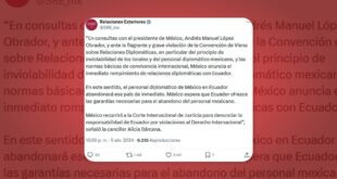 México recurrirá a la Corte Internacional por violaciones de Ecuador al Derecho Internacional