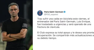 Luis Enrique hospitalizado tras accidente en bicicleta: Fractura de clavícula y comunicado del PSG