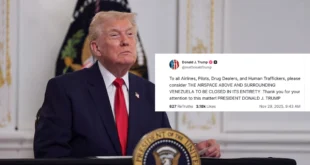Donald Trump Declara el Espacio Aéreo Venezolano "Cerrado en su Totalidad"