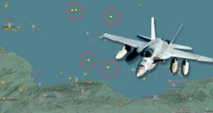Avión de combate F/A-18 Super Hornet y mapa de bloqueo
