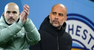 Pep Guardiola y Enzo Maresca con el escudo del Manchester City de fondo