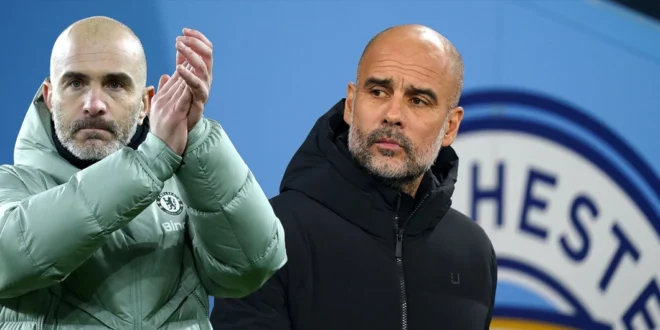 Pep Guardiola y Enzo Maresca con el escudo del Manchester City de fondo