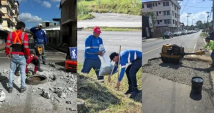 Personal de la Alcaldía de Panamá realizando reparaciones viales y limpieza de alcantarillas