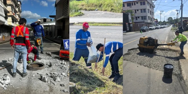Personal de la Alcaldía de Panamá realizando reparaciones viales y limpieza de alcantarillas