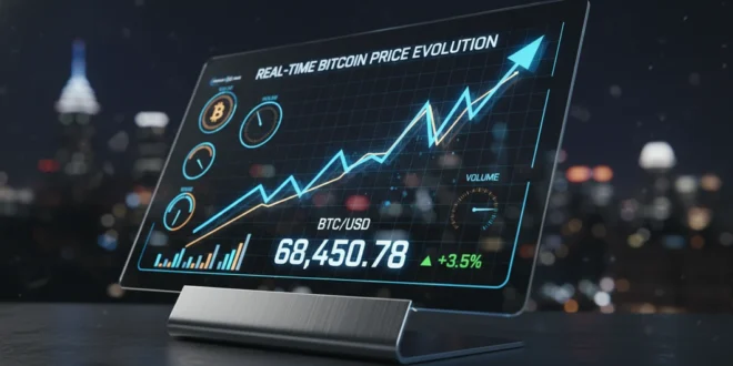 Gráfico financiero digital mostrando la evolución del precio de Bitcoin en tiempo real
