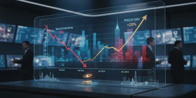Gráfico financiero mostrando la caída de las bolsas europeas y el alza del precio del oro