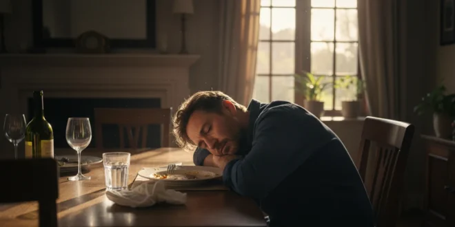Hombre con sueño apoyado en una mesa tras terminar de comer