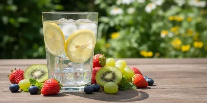 Vaso de agua con rodajas de limón y frutas frescas en un día soleado
