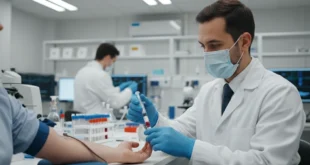 Personal médico realizando una prueba de sangre para detectar Hepatitis C en un laboratorio