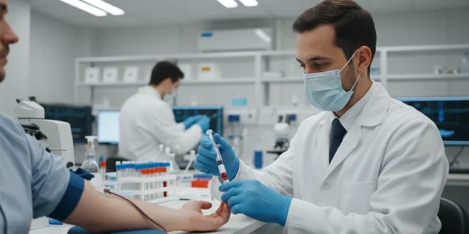 Personal médico realizando una prueba de sangre para detectar Hepatitis C en un laboratorio