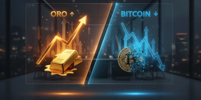 Gráfica financiera comparativa entre la subida del oro y la caída del bitcoin