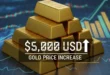 Lingotes de oro sobre fondo financiero representando el aumento de precio a 5.000 dólares.