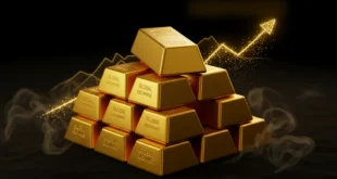 Lingotes de oro sobre fondo oscuro representando el récord histórico de precios