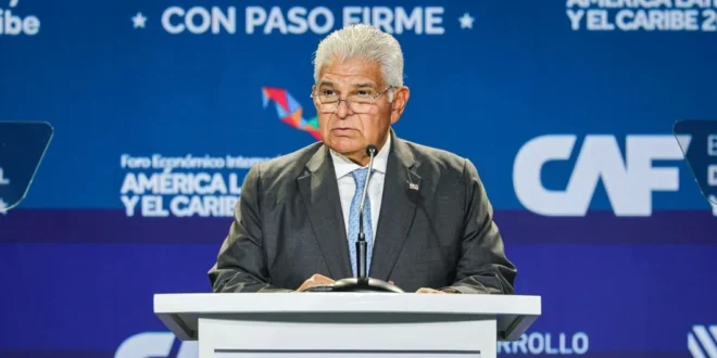 El Presidente José Raúl Mulino durante su discurso sobre la integración de Panamá en el MERCOSUR y el desarrollo regional.