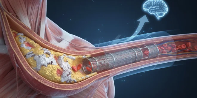 Ilustración médica de una arteria carótida con stent para prevenir un ACV