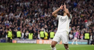Jude Bellingham celebrando un gol con el Real Madrid en la UEFA Champions League