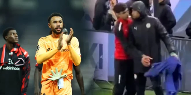 Yehvann Diouf protegiendo la toalla de Édouard Mendy en la final de la Copa Africana