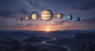 Representación visual de seis planetas alineados en el horizonte durante el crepúsculo de 2026