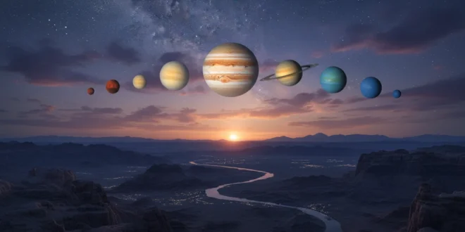 Representación visual de seis planetas alineados en el horizonte durante el crepúsculo de 2026