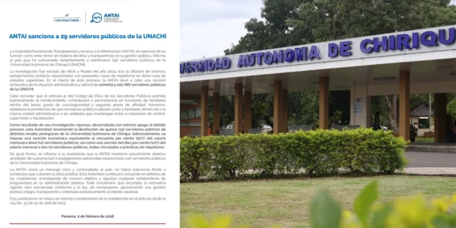 Comunicado de la ANTAI en Panamá investigando casos de nepotismo institucional en la UNACHI