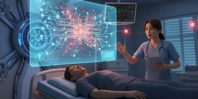 Representación digital de inteligencia artificial fallando en un diagnóstico médico de emergencia