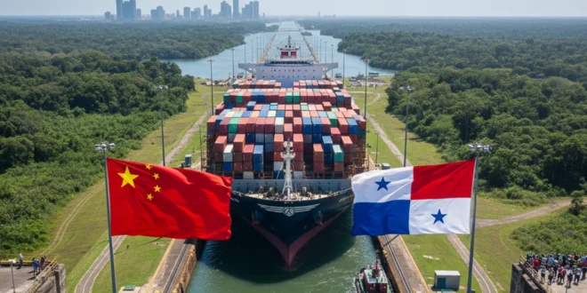 Buque de carga transitando por el Canal de Panamá con banderas de China y Panamá