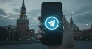 Dispositivo móvil con el logo de Telegram frente al Kremlin de Moscú, simbolizando el control digital en Rusia.