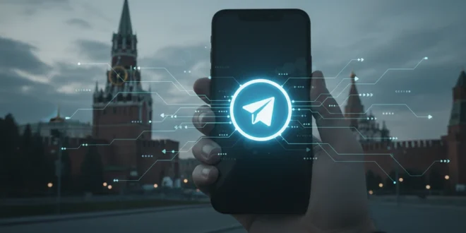 Dispositivo móvil con el logo de Telegram frente al Kremlin de Moscú, simbolizando el control digital en Rusia.