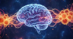 Representación abstracta del cerebro humano conectando con células de grasa metabólica