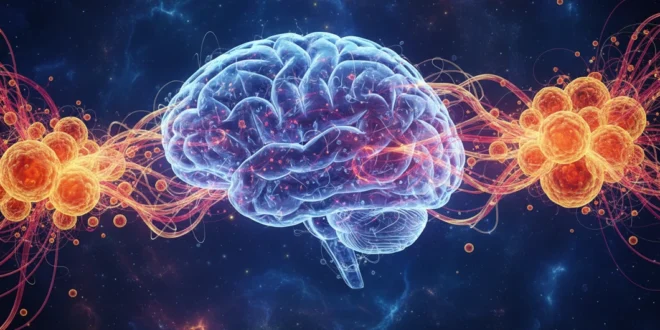 Representación abstracta del cerebro humano conectando con células de grasa metabólica