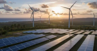 Parque eólico y paneles solares representando la energía limpia en Panamá