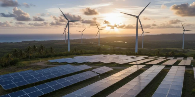 Parque eólico y paneles solares representando la energía limpia en Panamá
