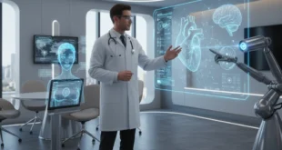 Médico e inteligencia artificial colaborando en un entorno clínico moderno