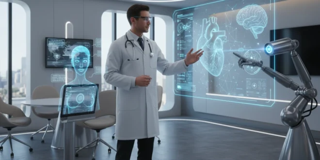 Médico e inteligencia artificial colaborando en un entorno clínico moderno