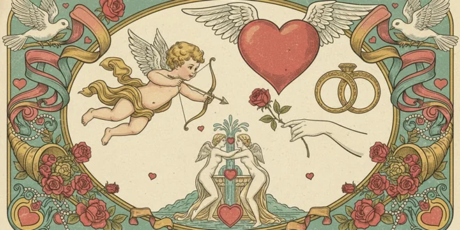 Ilustración vintage de San Valentín y símbolos románticos del 14 de febrero