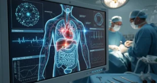 Monitor médico mostrando un software de AI analizando órganos durante una intervención quirúrgica