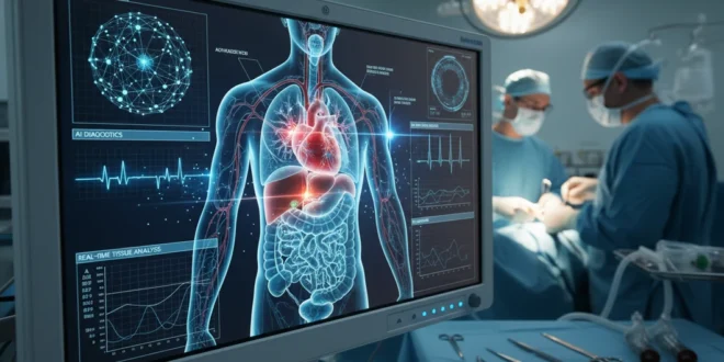Monitor médico mostrando un software de AI analizando órganos durante una intervención quirúrgica