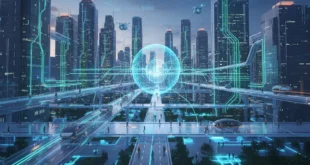 Representación tecnológica de una ciudad inteligente con transporte autónomo y redes de energía conectadas por inteligencia artificial.