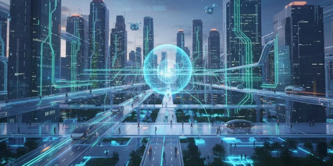 Representación tecnológica de una ciudad inteligente con transporte autónomo y redes de energía conectadas por inteligencia artificial.