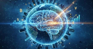 Representación digital de la conexión entre el cerebro humano y el crecimiento económico global.