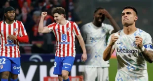 Jugadores del Inter y Atlético de Madrid en acción durante la Champions League