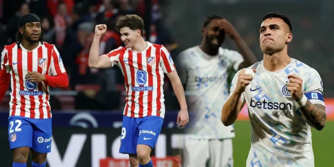Jugadores del Inter y Atlético de Madrid en acción durante la Champions League