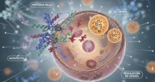 Representación molecular de la proteína HELZ2 regulando lípidos en células hepáticas