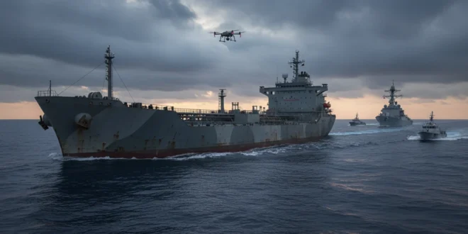 Petrolero de la flota fantasma rusa navegando en aguas internacionales bajo vigilancia naval