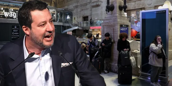 Ministro Matteo Salvini y gente espera en la estación de trenes de Milán