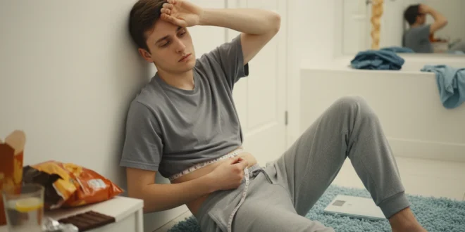 Persona midiendo su cintura y sintiendo cansancio, representando síntomas de resistencia a la insulina