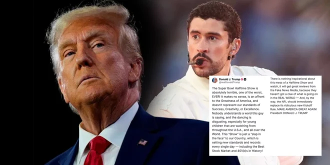 Donald Trump expresando críticas sobre el espectáculo de medio tiempo de Bad Bunny