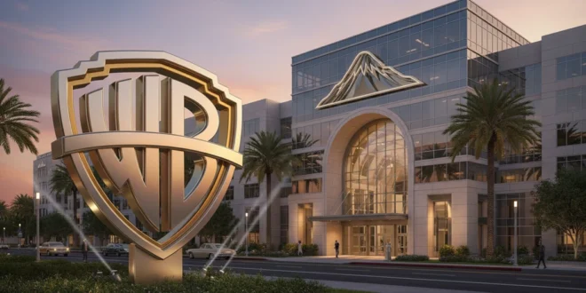Logotipo de Warner Bros frente a oficinas corporativas de Paramount en Hollywood