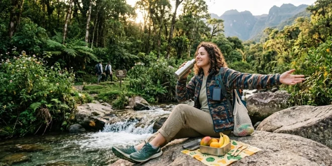 Persona disfrutando de un día de descanso en la naturaleza con hábitos sostenibles