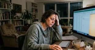 Persona con expresión de fatiga frente a una computadora en un ambiente doméstico